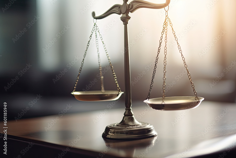Law scale justice symbol on the blurred background. Judge justice concept. Generative AI Law scale justice symbol on the blurred background. Judge justice concept. Generative AI