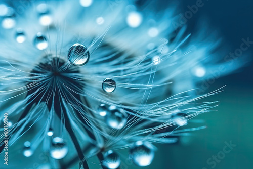 Dandelion seeds in droplets of water on the turquoise background. Generative AI