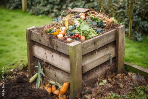 Compost bin with food scraps and grass cuttings. Generative AI