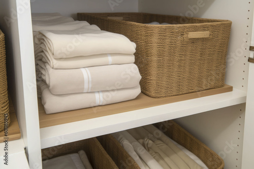 Bed linens closet arrangement on shelves. Minimalist comfortable storage. Generative AI © barmaleeva