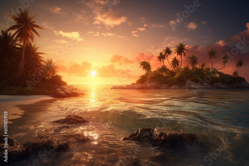 Sunset on a tropical island. Palm trees and beach on the island. A place to relax Generative AI