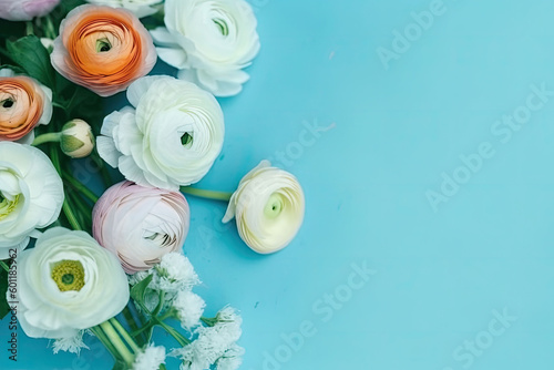 Spring ranunculus flowers bouquet on blue pastel background top view in flat lay style. Generative AI