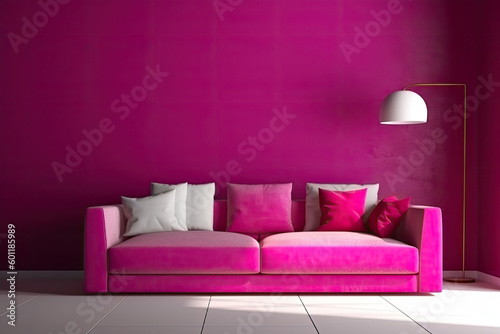 Interior of the room in plain monochrome magenta color with furnitures and a sofa. Generative AI