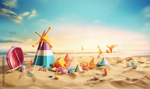  a beach scene with a colorful umbrella and toys in the sand.  generative ai © Olga