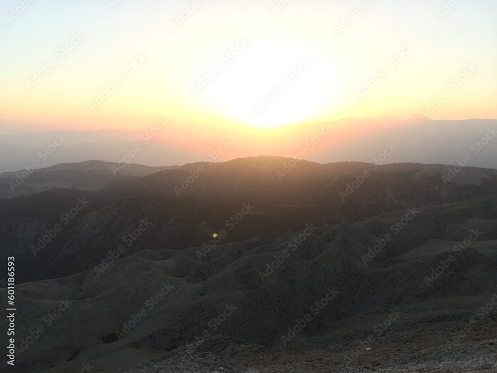 Beautiful mountain landscape. Sunset over Tahtali Mountain near Kemer, Antalya, Turkey