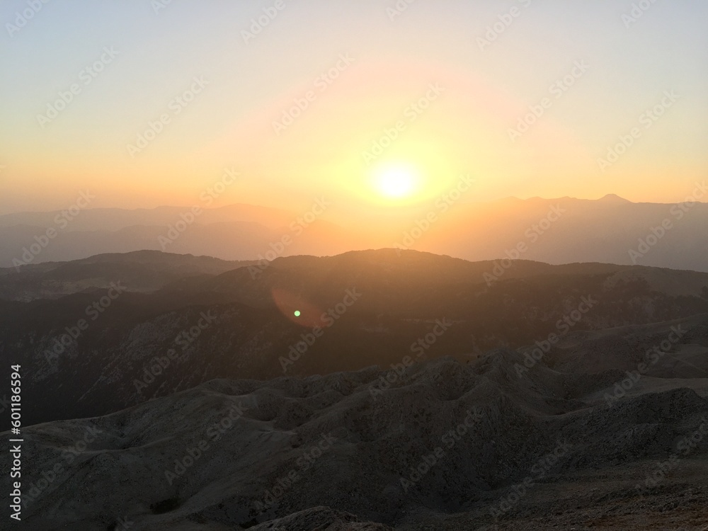 Beautiful mountain landscape. Sunset over Tahtali Mountain near Kemer, Antalya, Turkey