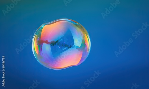  a soap bubble floating in the air on a blue background.  generative ai