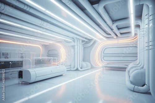 Futuristic white interior with neon tubes. 3D rendering. Generative AI
