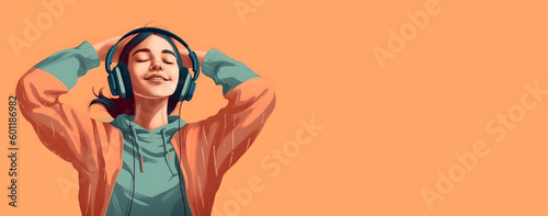 Smiling woman listening to music - positive and joyful. A simple illustration on a plain background. Generative AI  