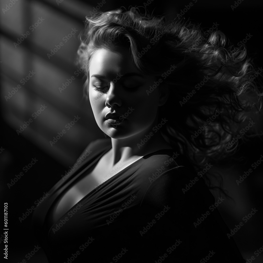 An artistic black and white portrait of a plus-size model, captured in a dynamic pose that highlights her curves