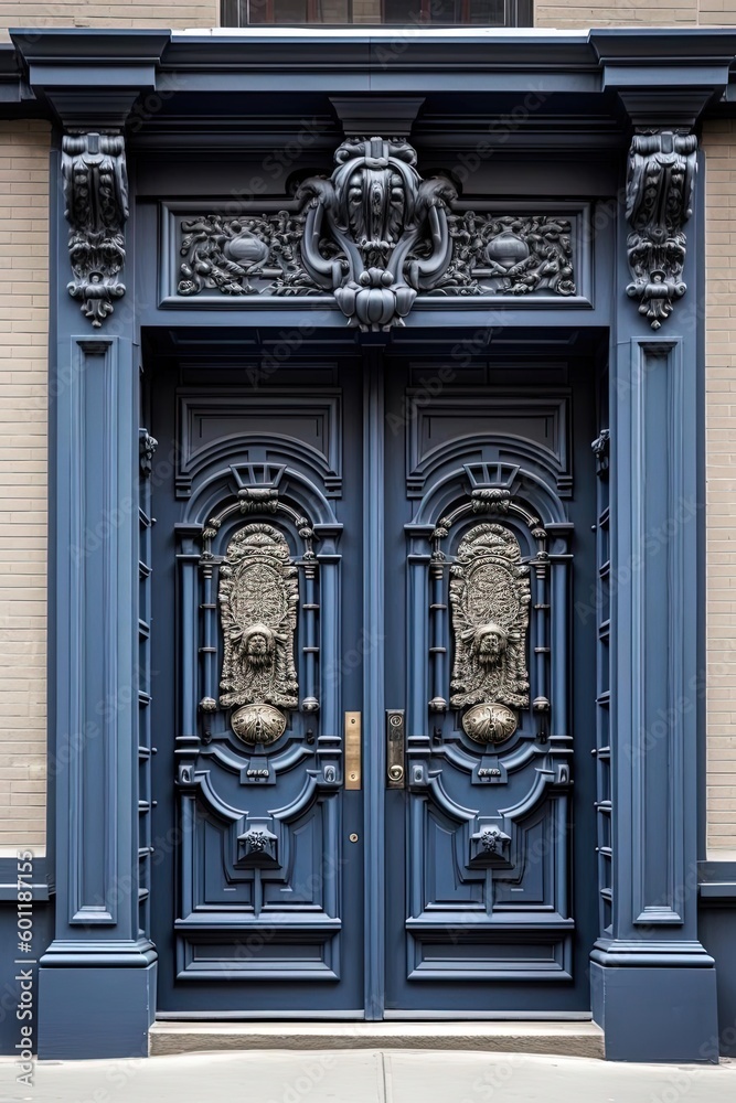 a blue double door next to a brick wall, generative ai