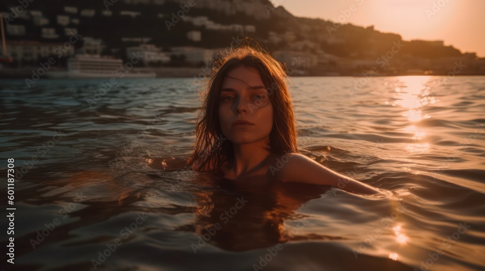 Young girl swims in the sea at sunset. generative AI