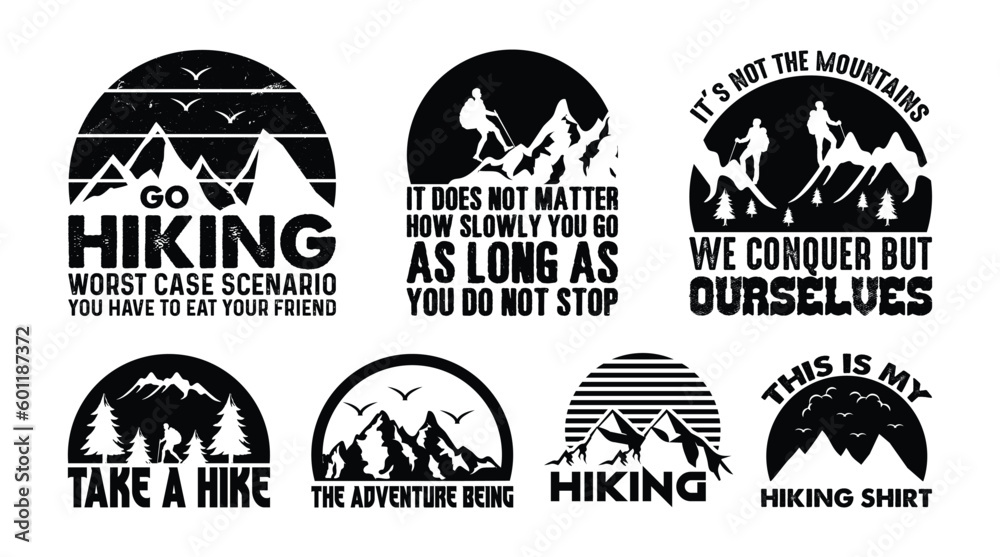 Fototapeta premium Hiking T shirt Design Bundle, Vintage Hiking T shirt design, camping shirt, hiking, camping, outdoor, typography T shirt design Collection