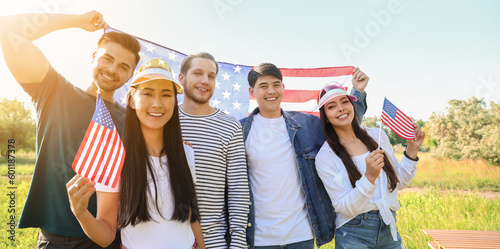 Tablou pe pânză Young people with USA flags outdoors
