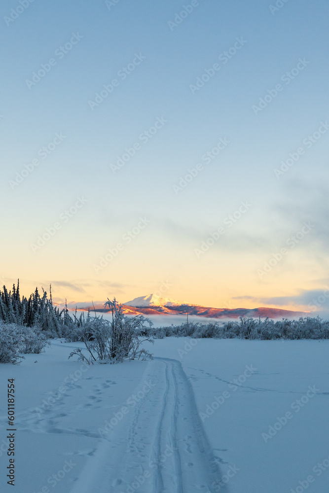 Incredible scenery in northern Canada during winter season along cross x country ski trails along the Yukon River at sunset with snow capped mountains and snow.