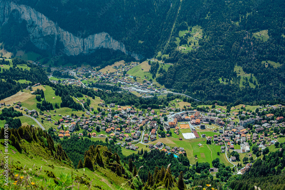 Bird's Eye View of Wengen: Scenic Panorama of an Old Alpine Village in Switzerland's Berner Alps