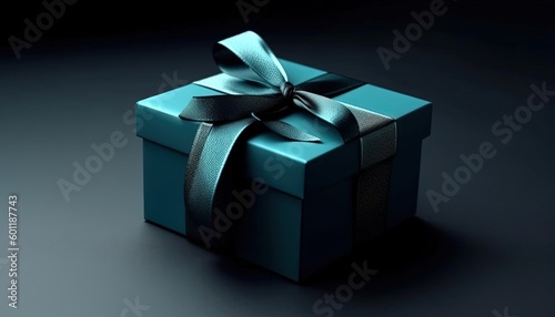 a blue gift box with ribbon over a dark background, generative ai