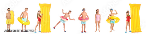 Set of cute children with inflatable mattresses and rings on white background
