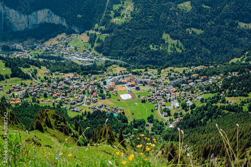 Bird's Eye View of Wengen: Scenic Panorama of an Old Alpine Village in Switzerland's Berner Alps