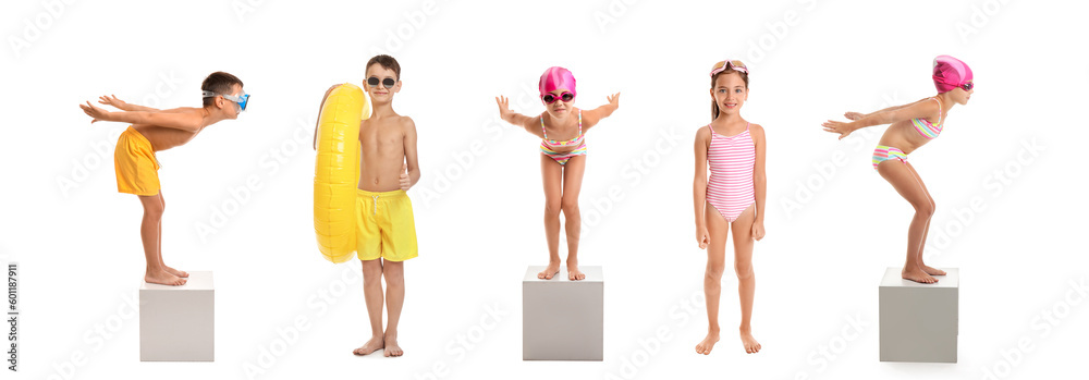 Fototapeta premium Set of cute children in beachwear on white background