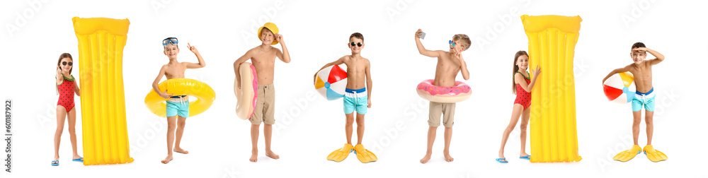 Naklejka premium Set of cute children in beachwear on white background