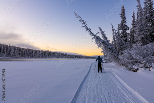 Amazing pastel sunset views along the Yukon River with one person skiing in distance with beautiful winter scenery.