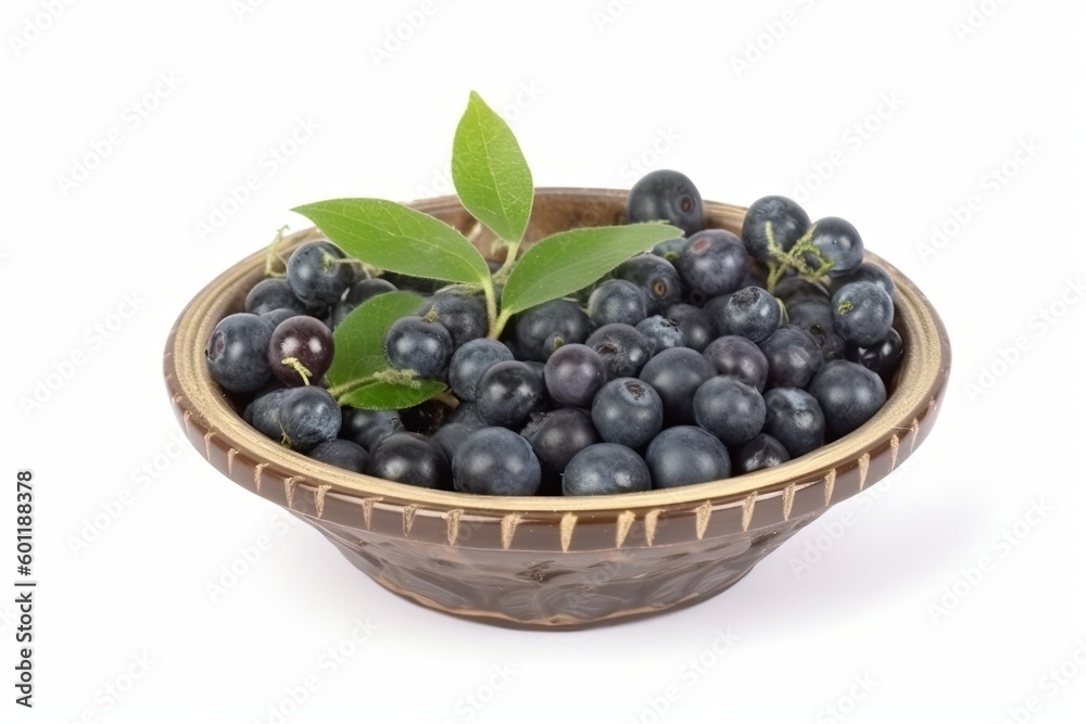 bowl filled with fresh blackberries and one green leaf Generative AI bowl filled with fresh blackberries and one green leaf Generative AI