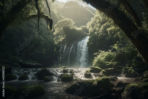 Nature scene featuring a cascading waterfall and lush tree     digitally crafted. Generative AI