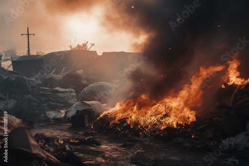 Smoke and flames rise from burning garbage on dump. Generative AI