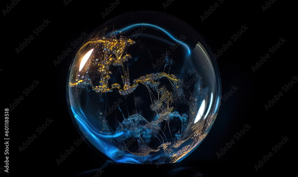 a glass ball with a blue and yellow swirl inside of it.  generative ai
