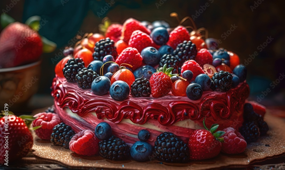  a cake with berries, strawberries, and blueberries on it.  generative ai