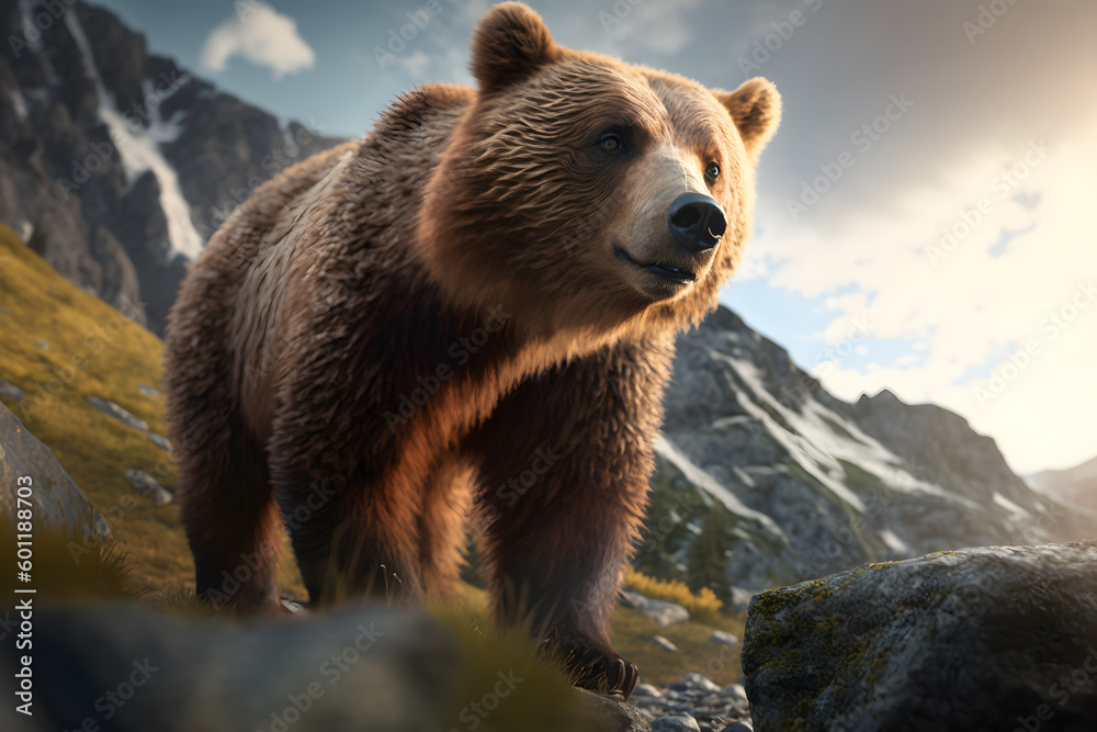Fototapeta premium the graphic shows a bear in the Tatra Mountains. This graphic captures the beauty of mountain nature, but also the power of wild animals that live in this environment. Generative AI