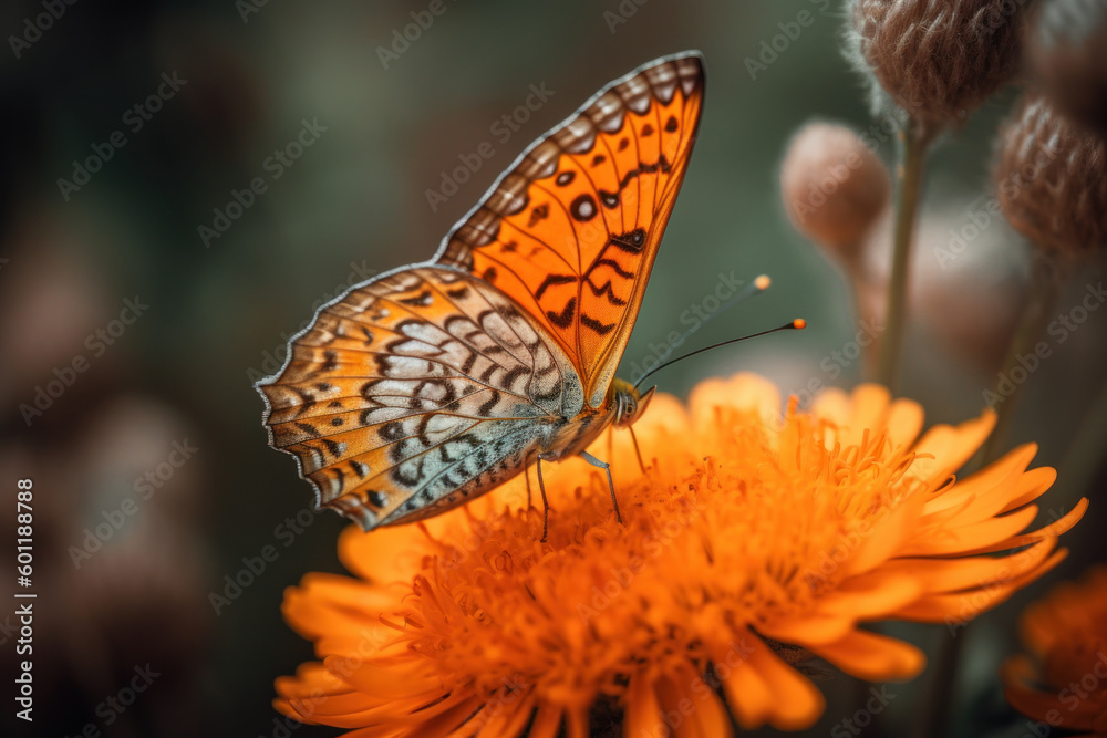 Obraz premium Romantic natural floral background with a butterfly on flower with bokeh, close-up macro.