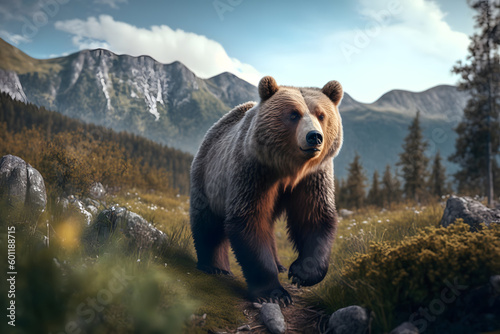 the graphic shows a bear in the Tatra Mountains. This graphic captures the beauty of mountain nature, but also the power of wild animals that live in this environment. Generative AI