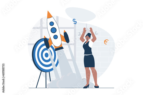 Business startup web concept with character scene. Woman investing money, planning and launches new company. People situation in flat design. Vector illustration for social media marketing material.