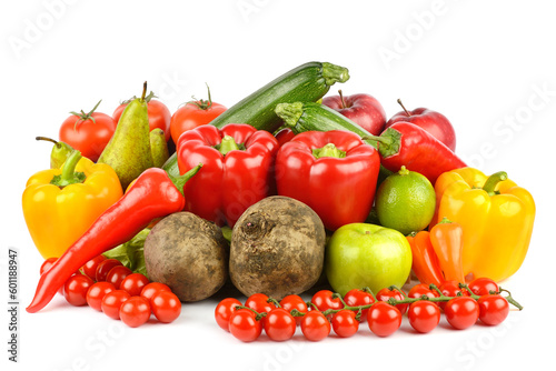 Useful fresh fruits and vegetables isolated on white