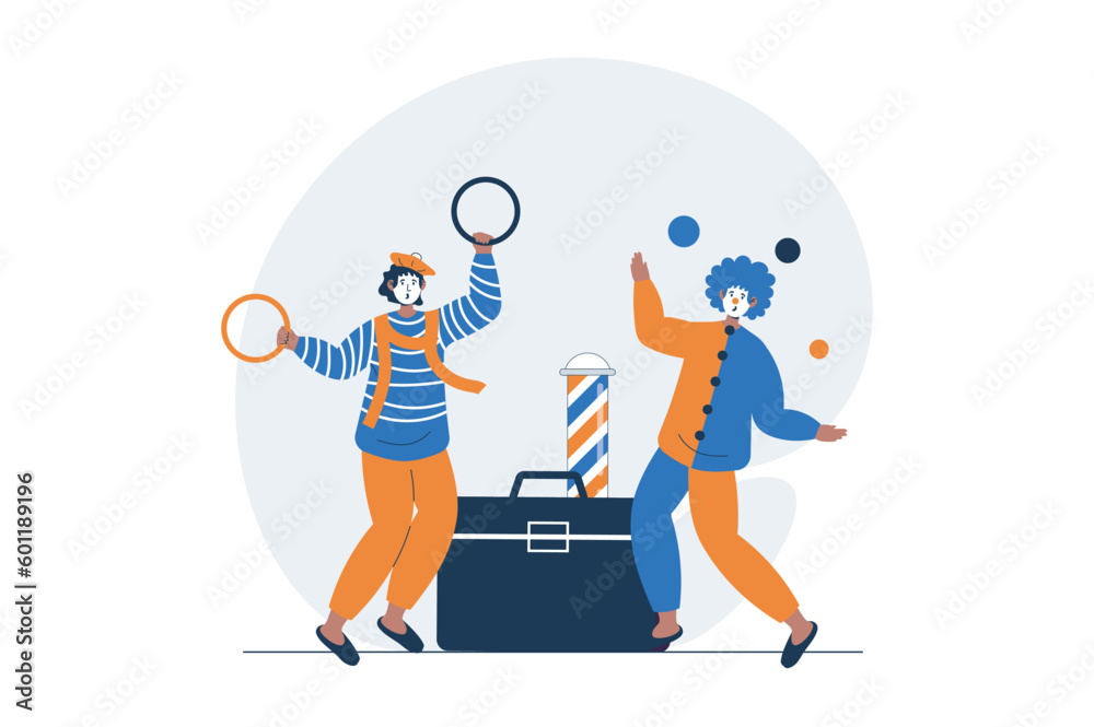 Circus web concept with character scene. Clowns perform entertainment, juggle and show tricks on concert. People situation in flat design. Vector illustration for social media marketing material. Circus web concept with character scene. Clowns perform entertainment, juggle and show tricks on concert. People situation in flat design. Vector illustration for social media marketing material.