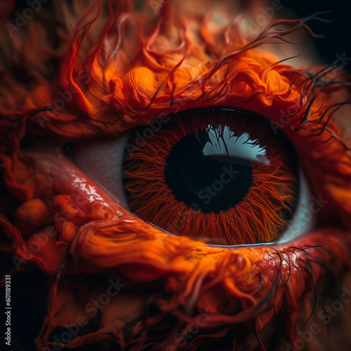Human Iris in fire red colors growing from flower - Generative AI © Luca
