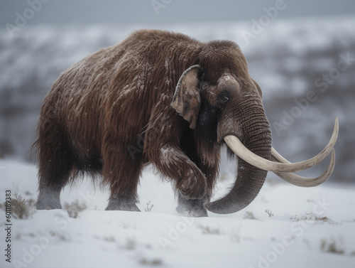 Wooly mammoth walking in icy tundra - Generative AI