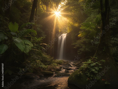 Small waterfall in green rain forest lit by golden sun - Generative AI