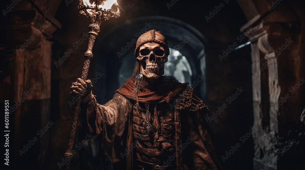 Creepy skeleton warrior exploring dark scene - Generative AI