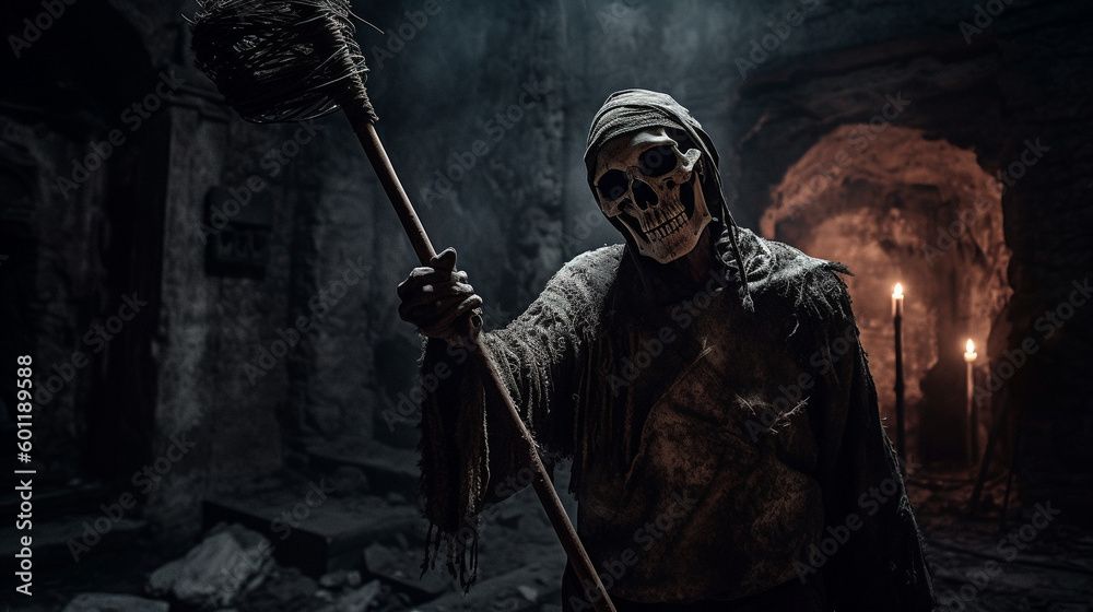 Creepy skeleton warrior exploring dark scene - Generative AI Creepy skeleton warrior exploring dark scene - Generative AI