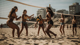 Diverse group of friends playing beach volleyball in bright sunlight - Generative AI