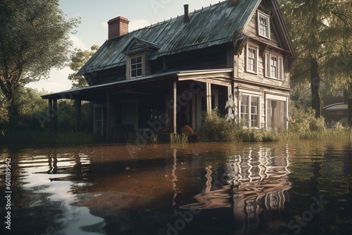 Illustration of a flooded house with water. Generative AI © Wynter