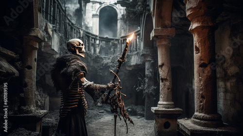 Wallpaper Mural Creepy skeleton warrior exploring dark scene - Generative AI Torontodigital.ca