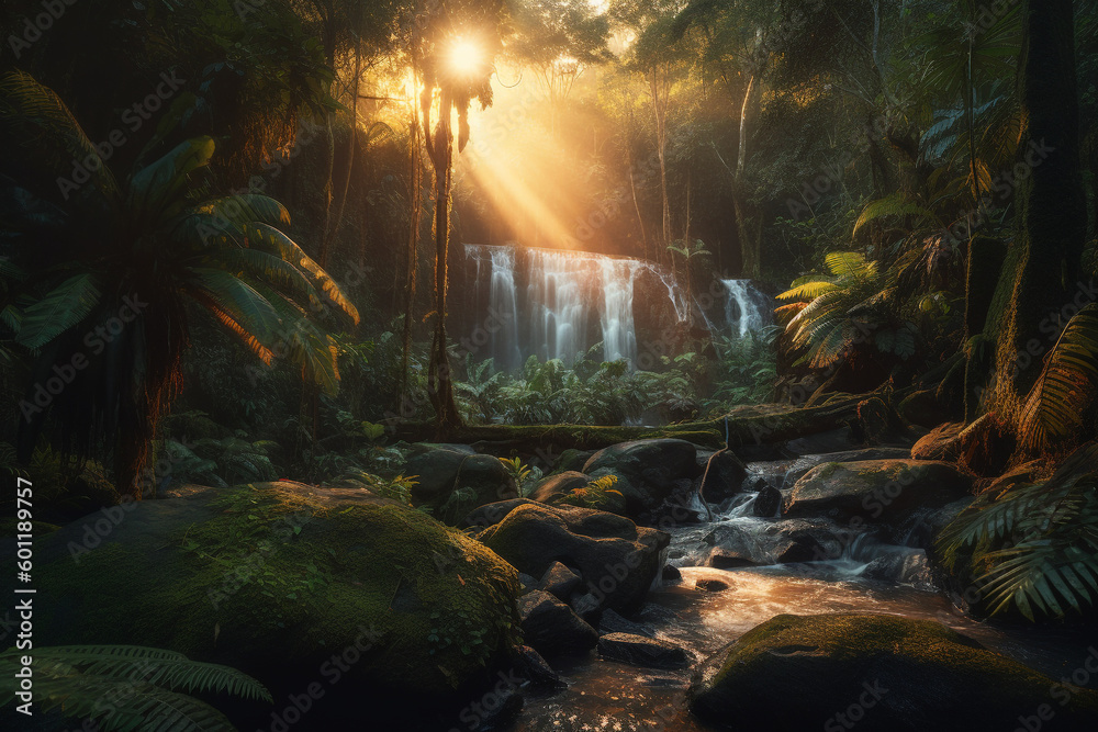 Mystical misty waterfall at sunset in rain forest - Generative AI