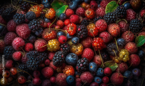  a pile of berries and raspberries with green leaves.  generative ai