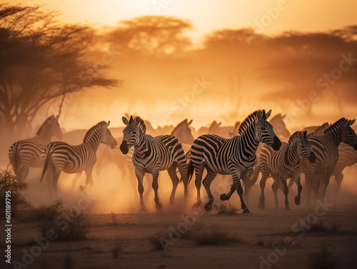 Herd of zebras grasing in dusty orange savanna - Generative AI