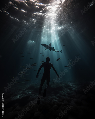 Young adult man swimming with dangerous shark in blue ocean - Generative AI
