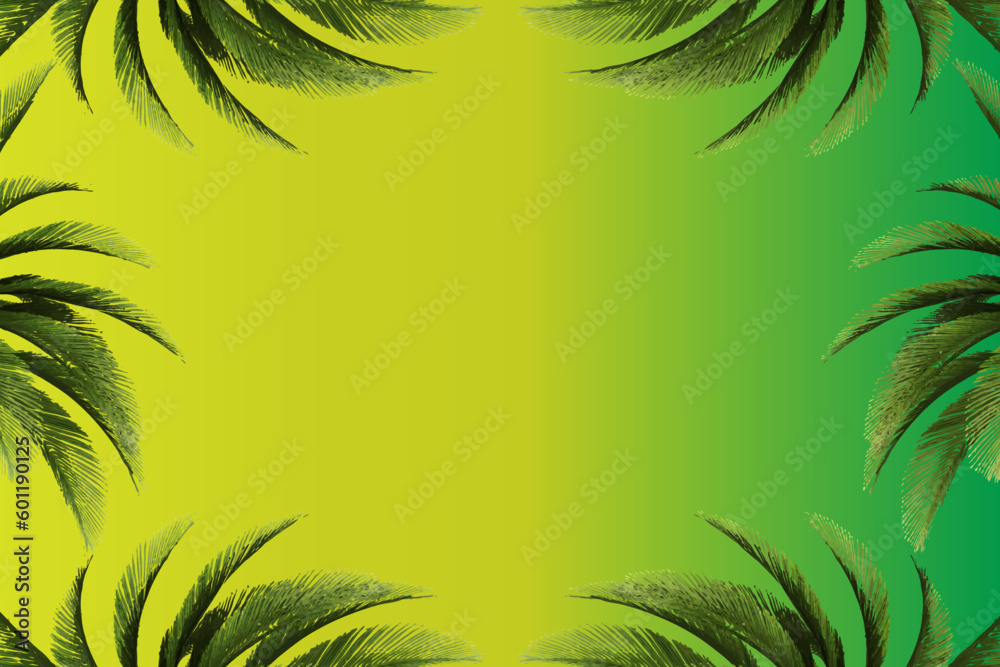 Green tropical palm leaves on a green background. A simple beautiful summer concept	